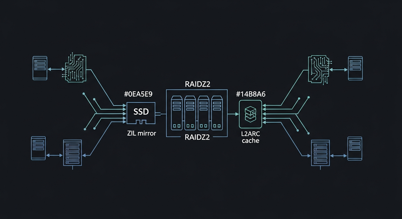 Blueprint-style architecture showing the RAIDZ2 array flanked by SSD-based ZIL mirror and L2ARC cache with network connections to server nodes