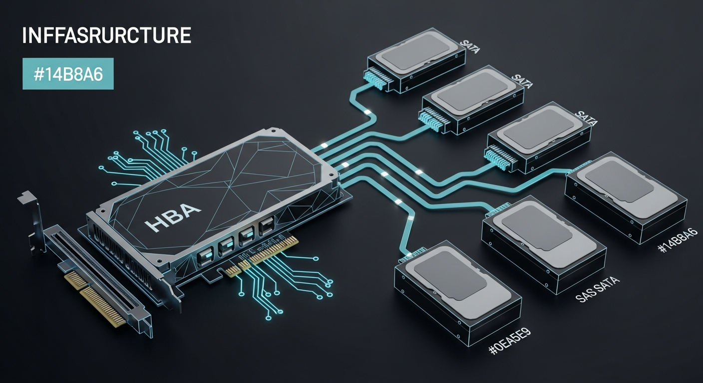 LSI HBA controller card with geometric cable connections branching to four enterprise drives