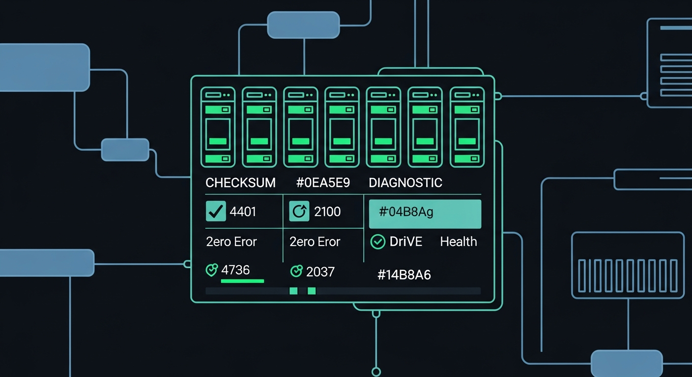 Diagnostic display panel showing all-green health indicators with zero-error counters across storage nodes