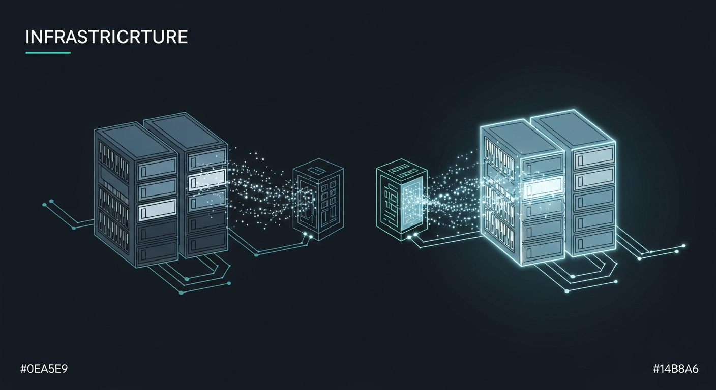 Two arrays of storage drives connected by flowing streams of luminous data, the left degraded and the right glowing with fresh energy