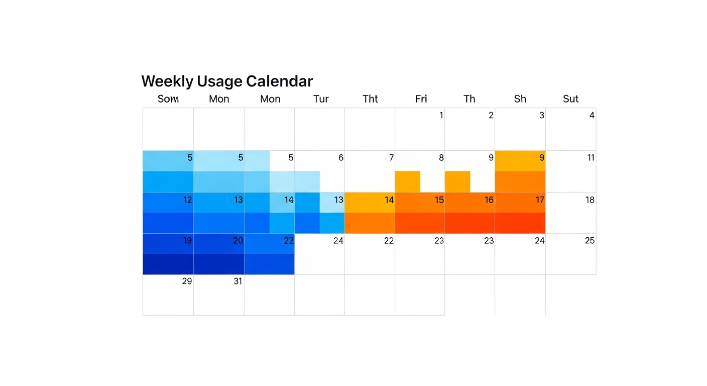 A weekly usage heatmap showing varying intensities of token consumption patterns across days of the week