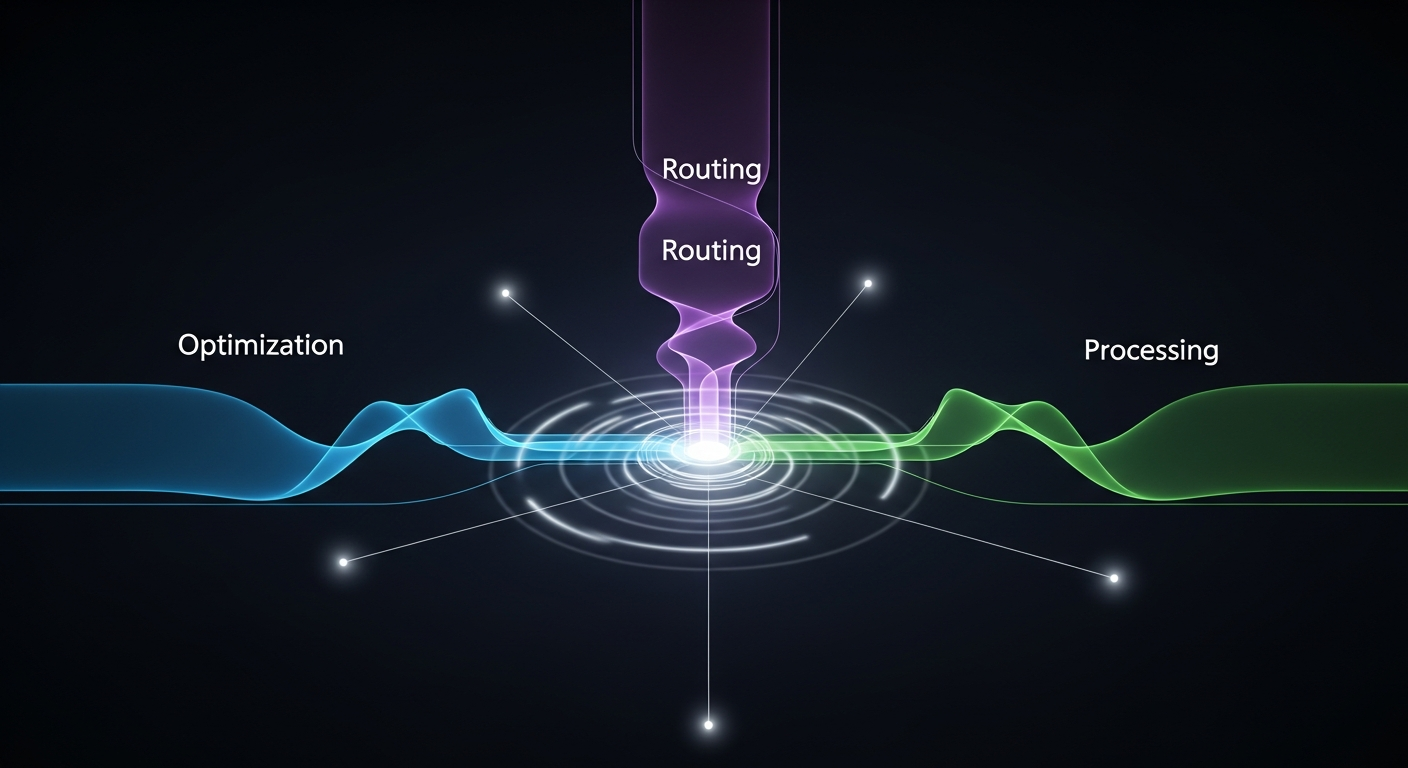 Three tiers of AI processing represented as colored energy flows being routed through a central optimization hub