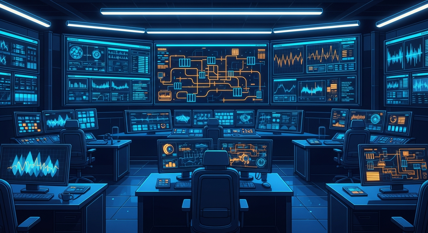 A modern power grid control room with glowing monitors displaying token allocation dashboards and energy flow diagrams