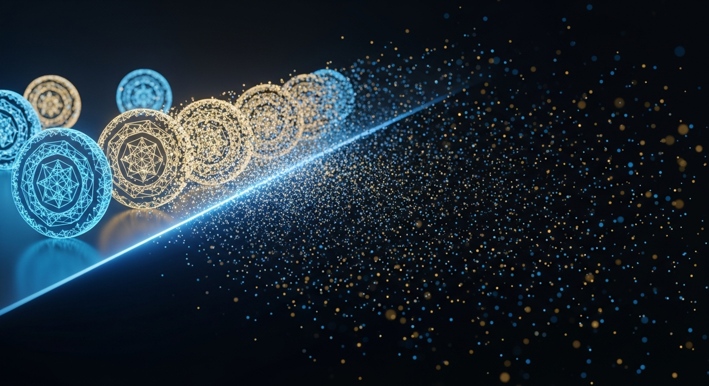 Digital tokens dissolving at the edge of a time boundary, illustrating the perishability of unused compute resources